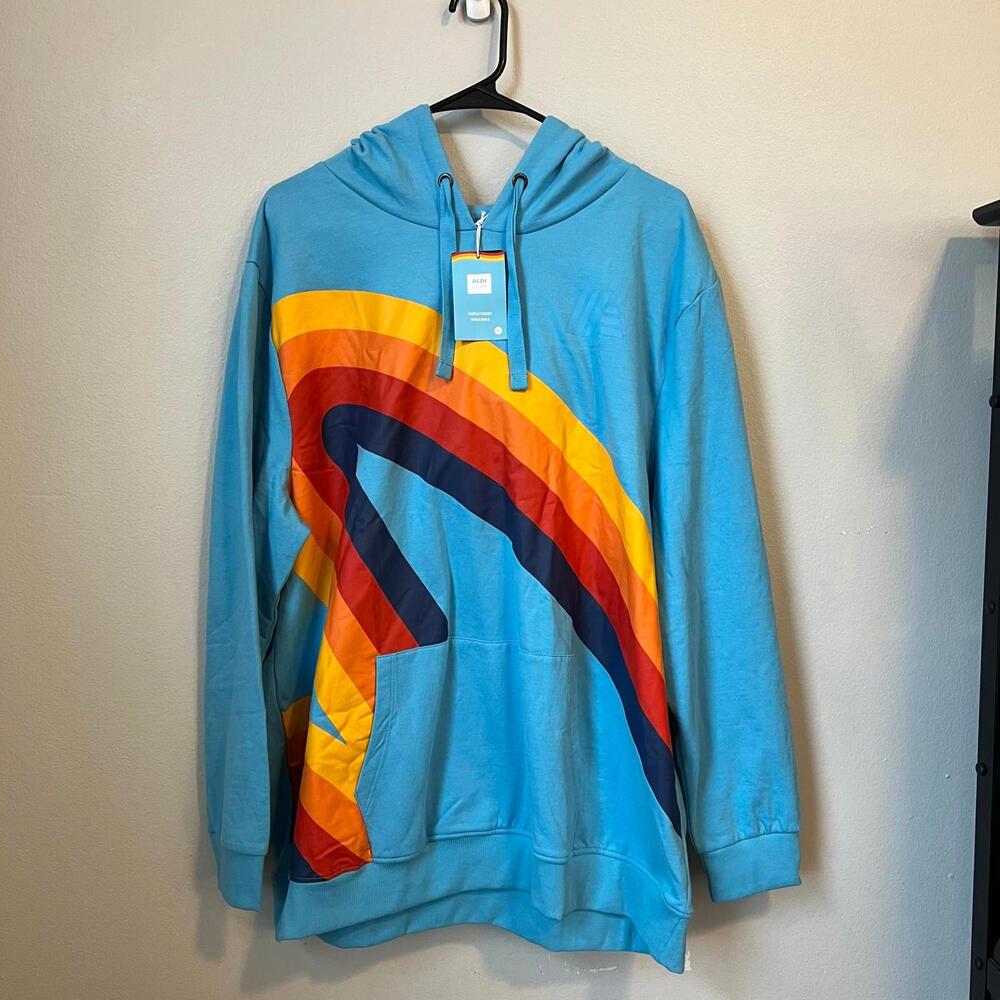 NWT Aldi Gear Rainbow Graphic Hoodie Blue Size XL